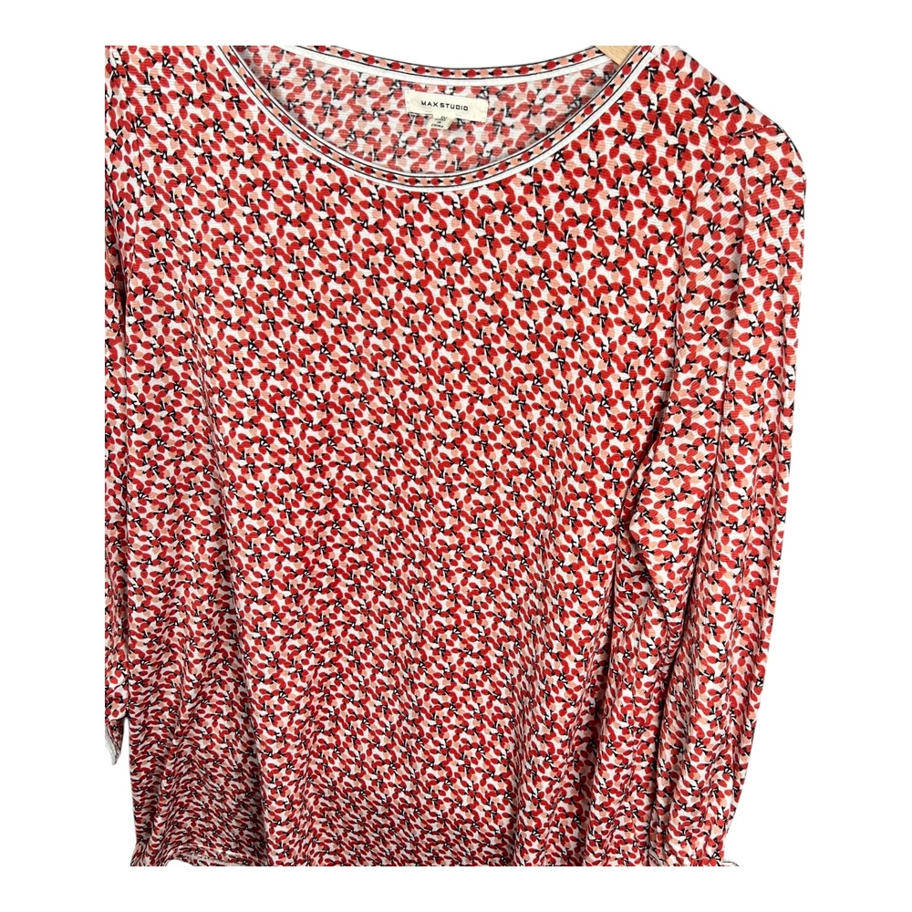 Max Studio Blouse 1X Floral 3/4 Sleeves‎ Tie Detail Cuffs Red White Career